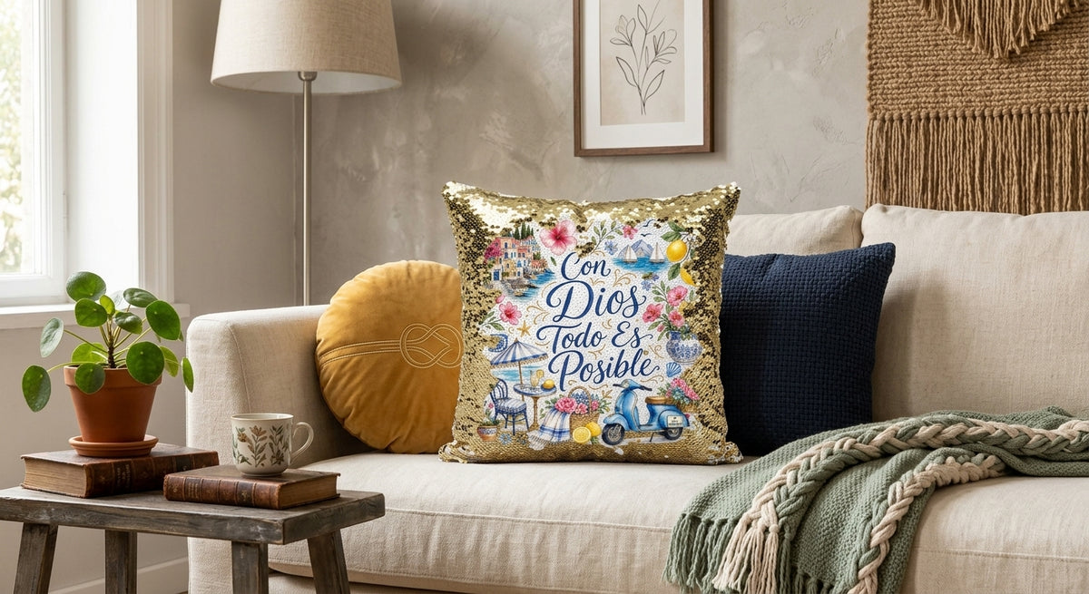 "Con Dios Todo es Posible" Sequin Throw Pillow Cover