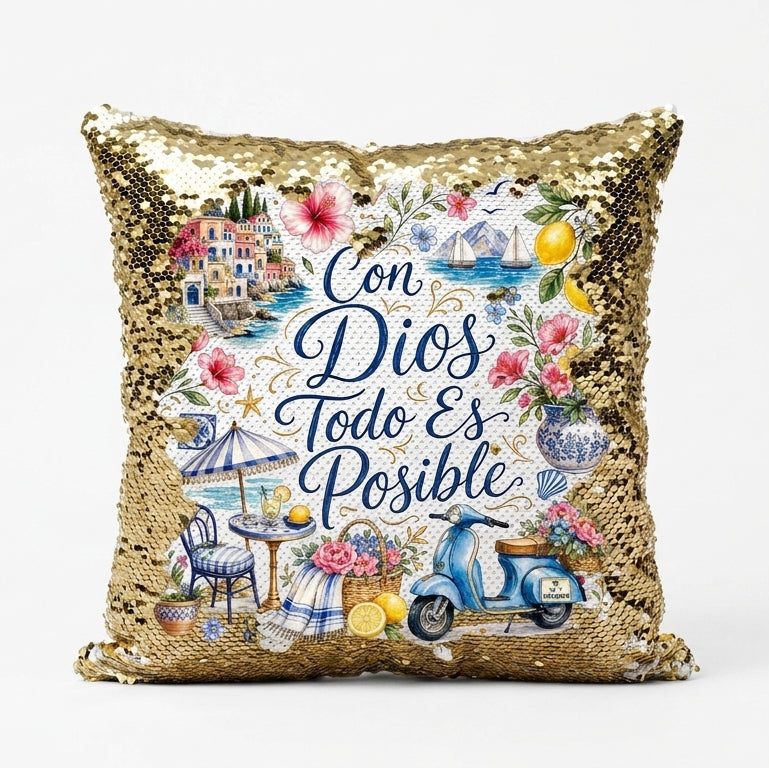 "Con Dios Todo es Posible" Sequin Throw Pillow Cover
